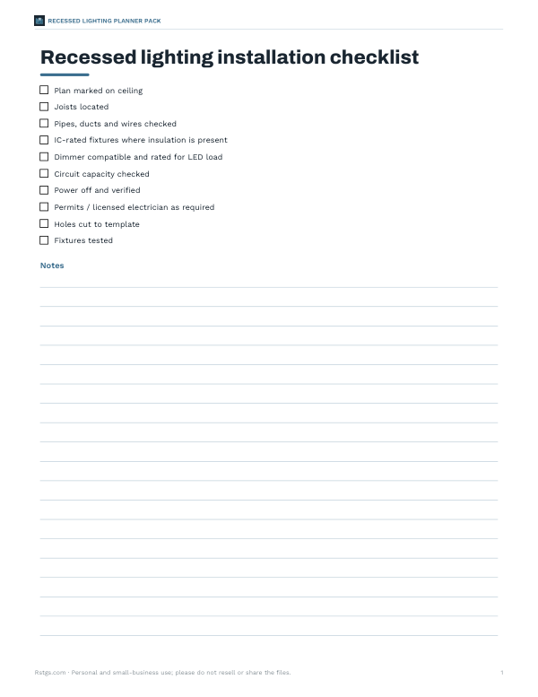 Preview of Printable Recessed Lighting Install Checklist